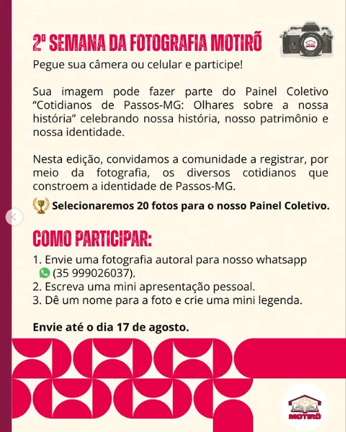 Arte complementar com orientações de participação na 2ª Semana da Fotografia Motirõ.