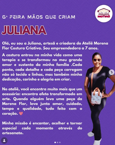 Juliana apresentando o Ateliê Morena Flor Costura Criativa